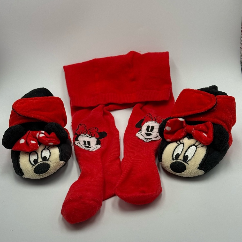 Red Minnie Mouse Tights  and Slippers Set slippers 6-12 months, tights 12months